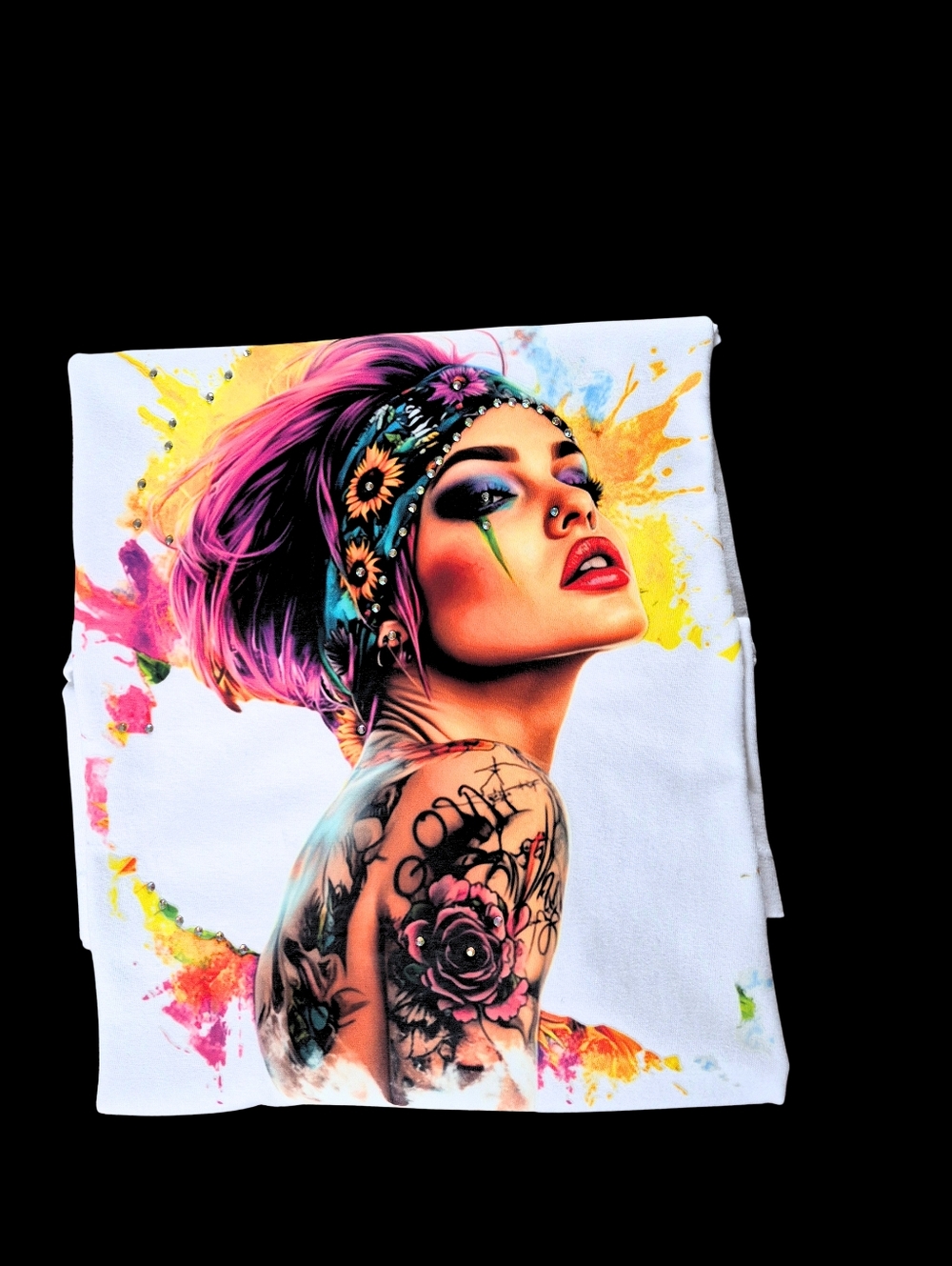 Hand-crystalled bandana, eyes, and floral accents.🧼 Care: Hand wash only, air